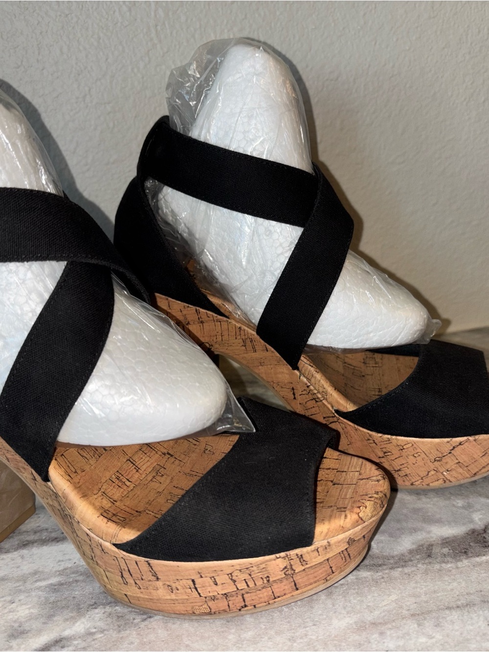 American Eagle Outfitters Black Cork Platform Wedge Sandals